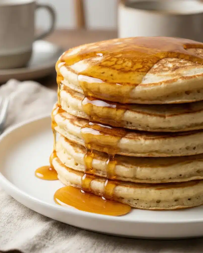 Tall stack of fluffy homemade pancakes topped with melting butter and warm maple syrup on a white plate
