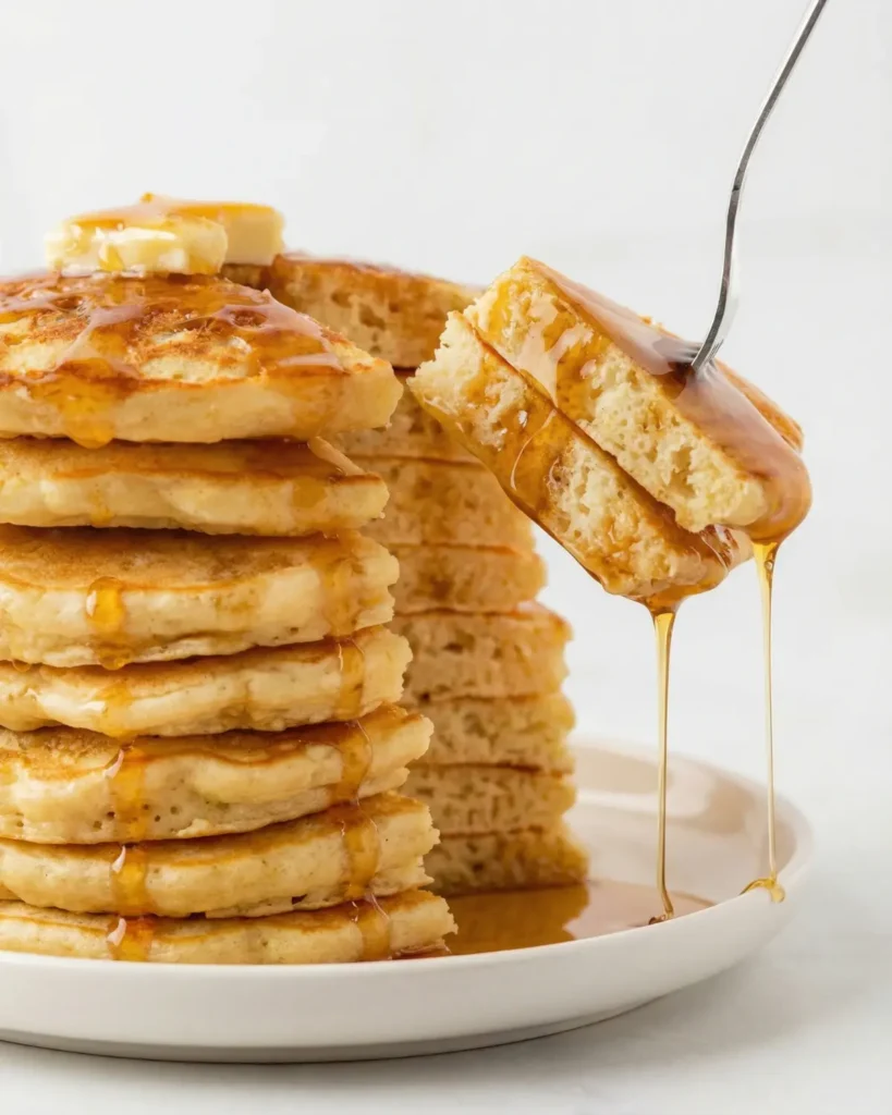Fork lifting a soft pancake slice with syrup dripping from the fluffy interior