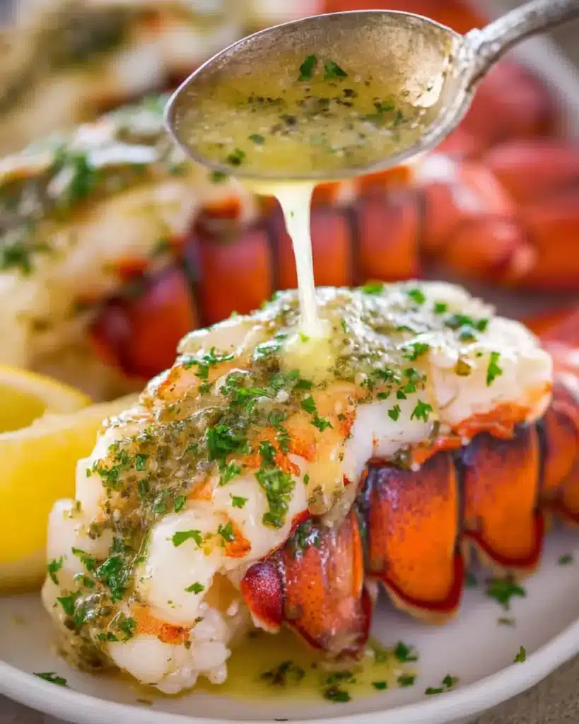 Close up of melted garlic butter being poured over tender lobster meat
