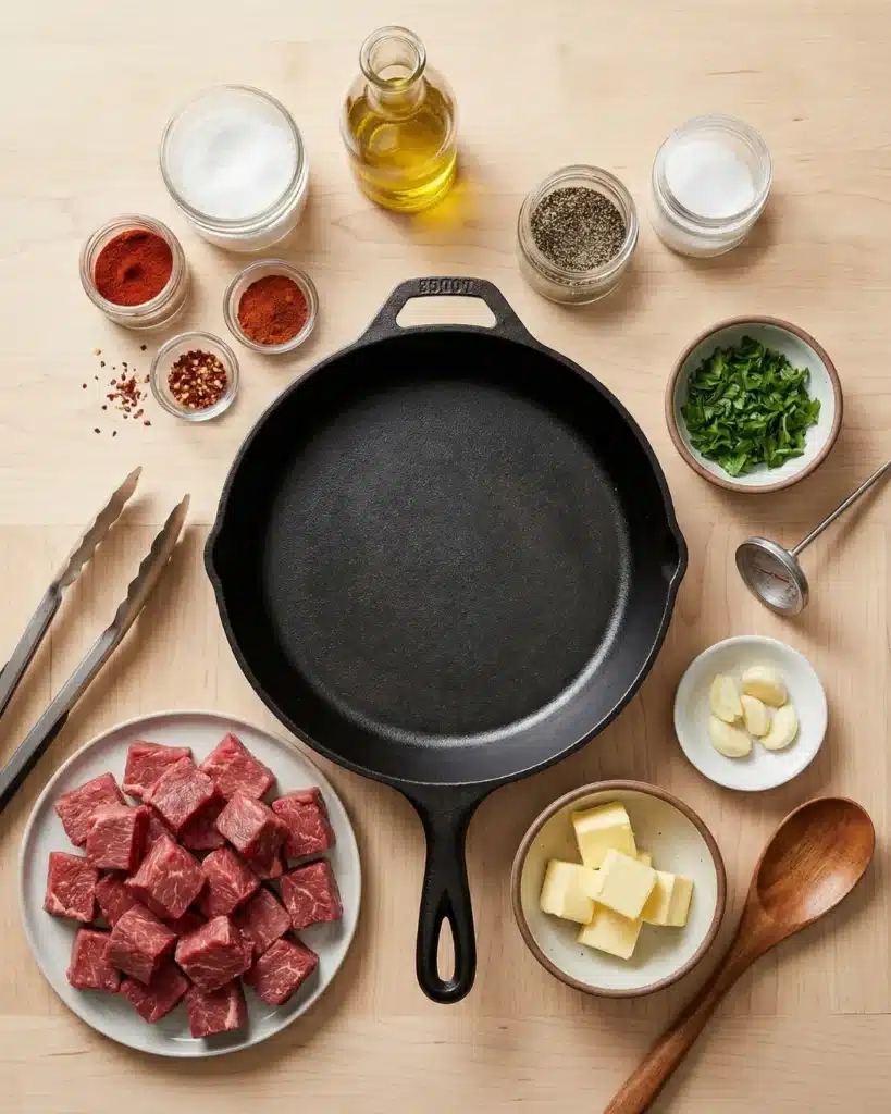 Ingredients and tools arranged for making garlic butter steak bites, including steak cubes, skillet, butter, and spices