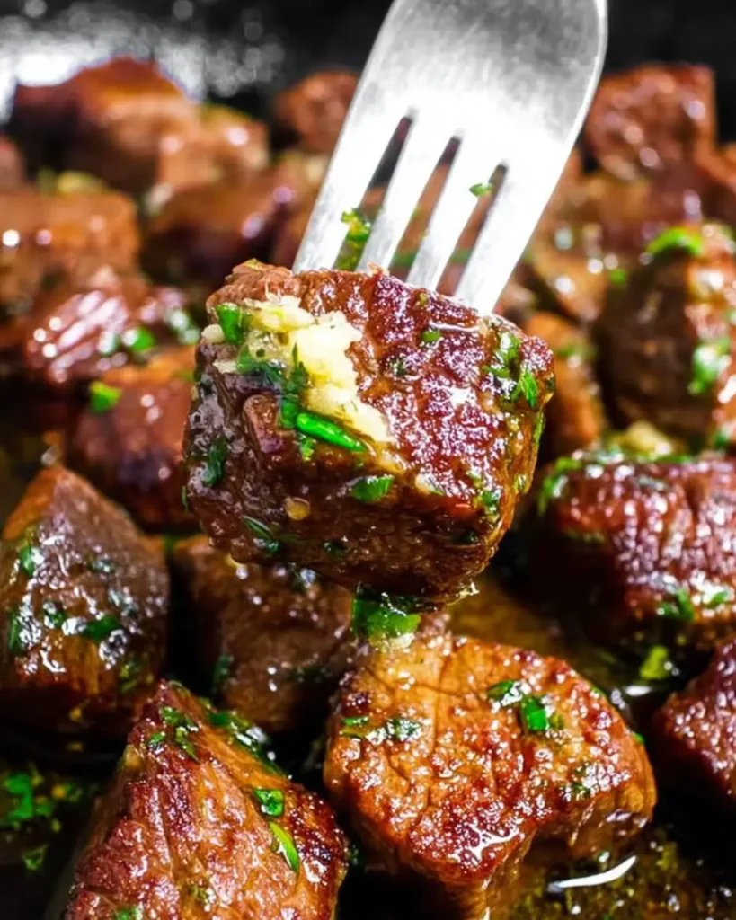 Juicy garlic butter steak bites seared in a skillet, coated in melted butter and fresh parsley for a quick dinner