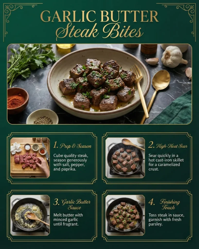 Step-by-step visual guide to cooking garlic butter steak bites in a skillet with butter and herbs