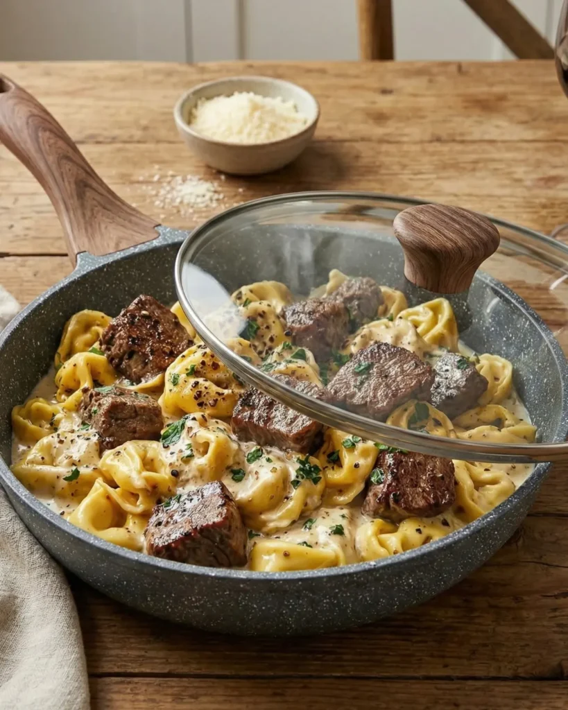 Creamy steak bites and cheese tortellini coated in rich garlic parmesan sauce inside a black skillet