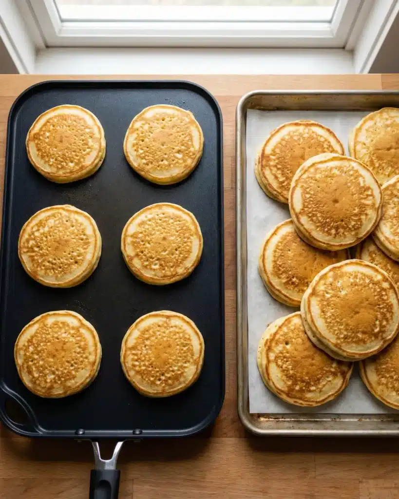 Round golden pancakes cooking evenly on a dark nonstick griddle beside a tray of finished pancakes