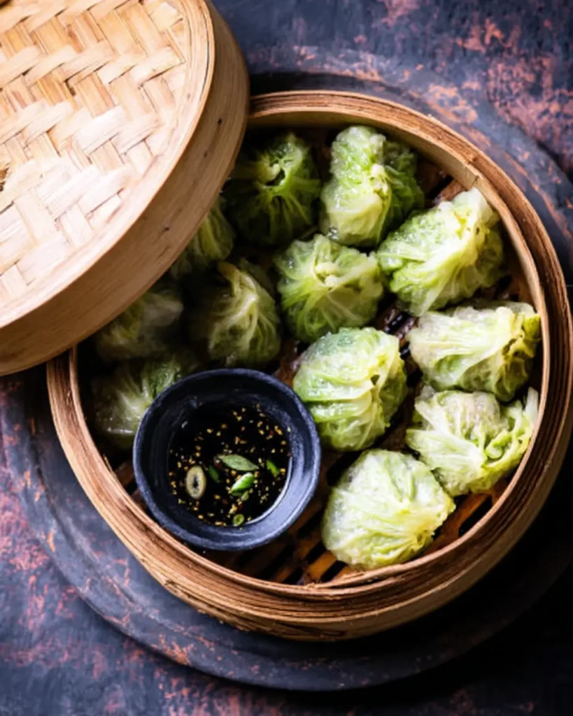 Bamboo steamer with green dumplings and sesame garnish
