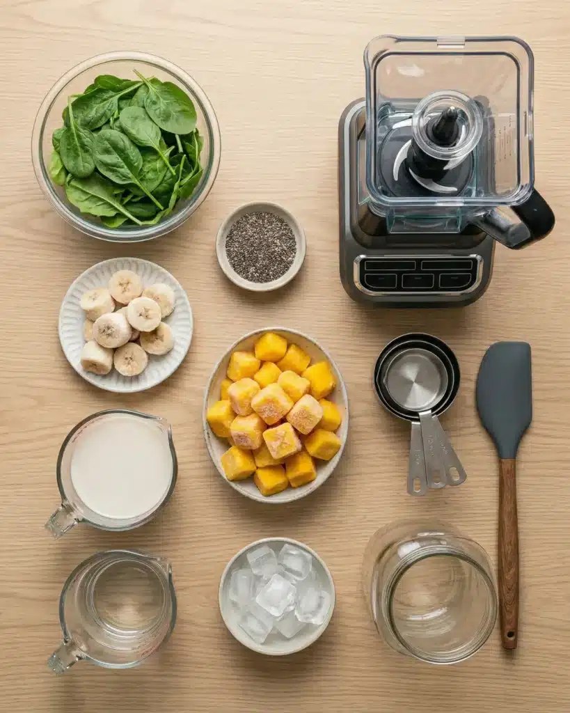 Flat lay of blender, spinach, banana slices, frozen mango cubes, chia seeds and almond milk arranged neatly on a wooden table