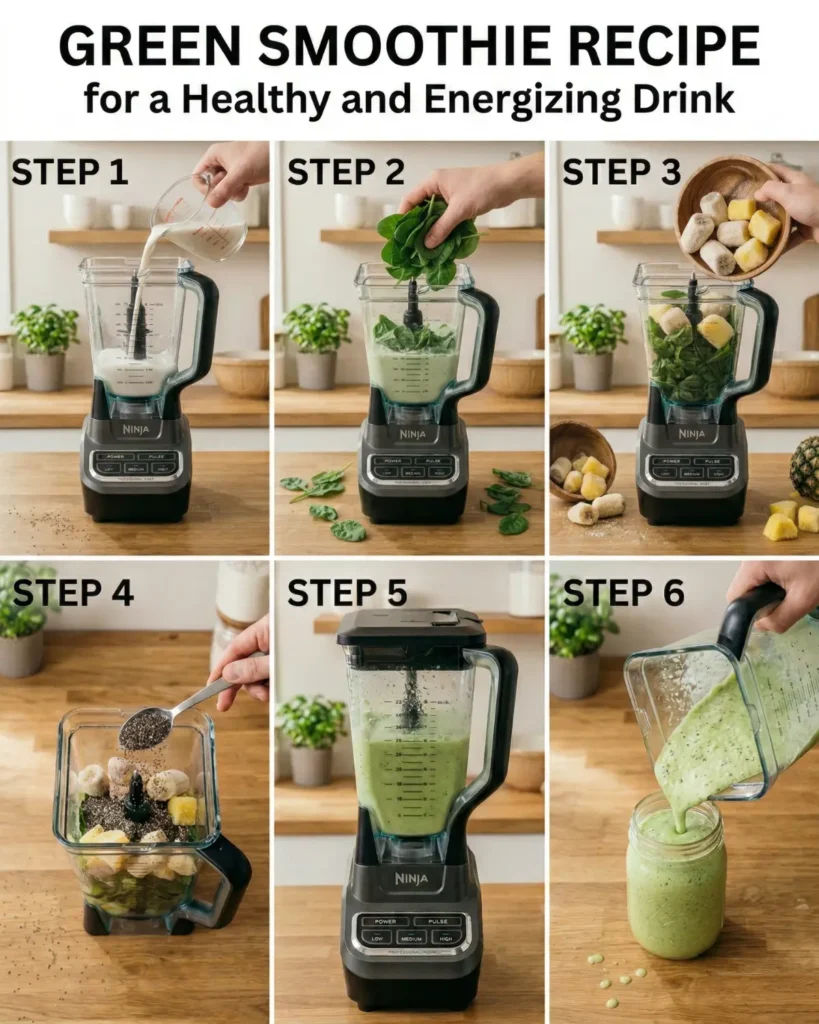 Step by step preparation of green smoothie in blender showing milk, spinach, fruit and chia seeds being added