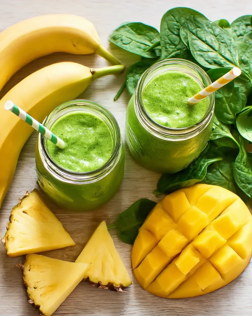 Two mason jars filled with creamy green smoothie surrounded by banana slices, mango, pineapple and fresh spinach leaves