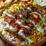 Grilled chicken pieces with charred corn and creamy lime sauce served over rice in a wooden bowl