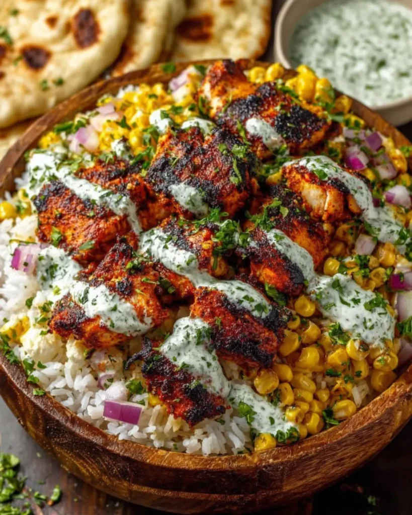 Grilled chicken pieces with charred corn and creamy lime sauce served over rice in a wooden bowl