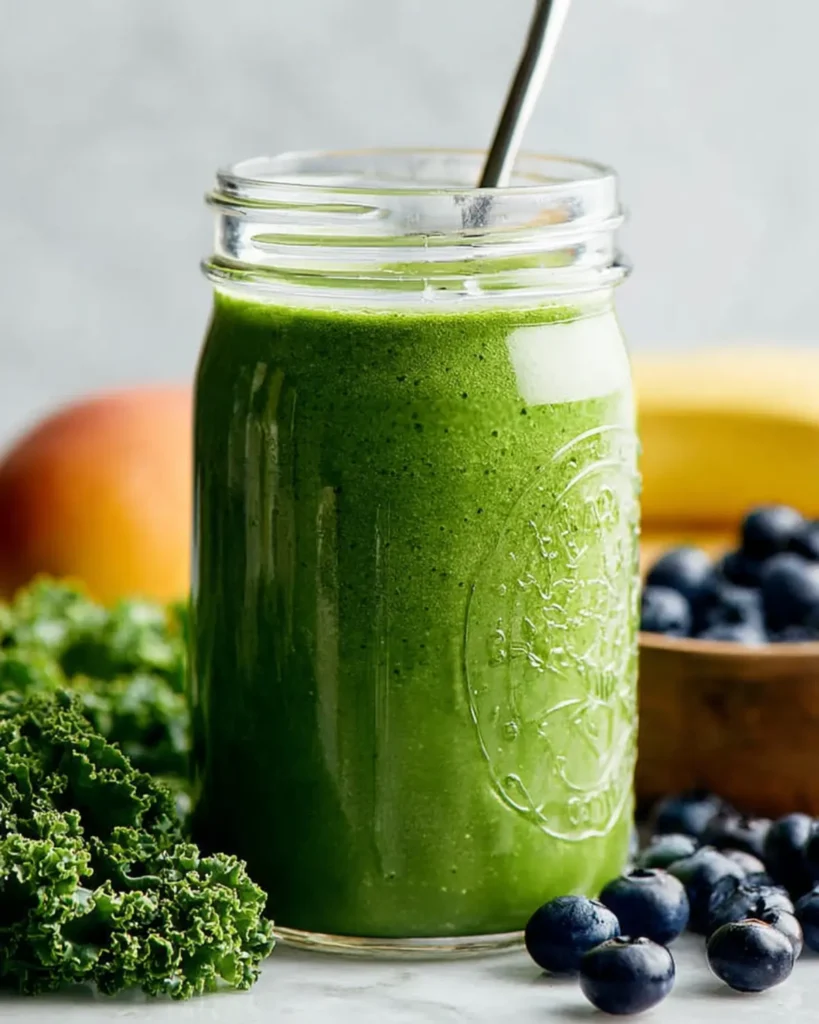 Tall glass jar of green smoothie with kale leaves and fresh blueberries on a light kitchen counter