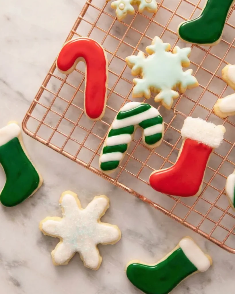 Decorated holiday cookies with glossy icing arranged on a copper cooling rack