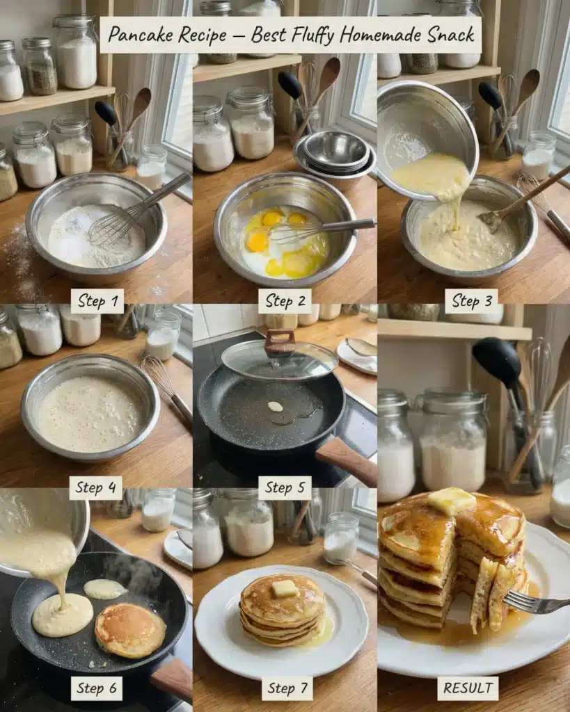 Collage showing mixing batter, cooking pancakes, and serving a stacked plate with butter