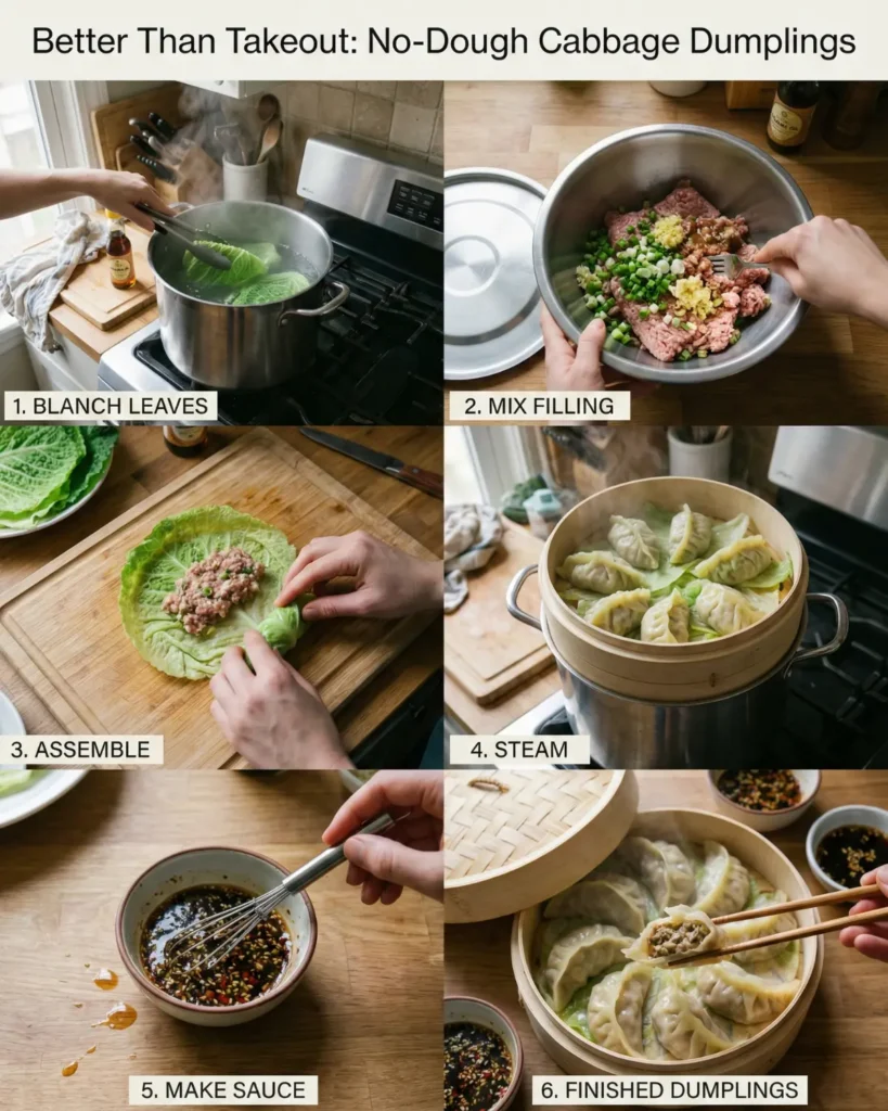 Step-by-step process of making no-dough cabbage dumplings at home