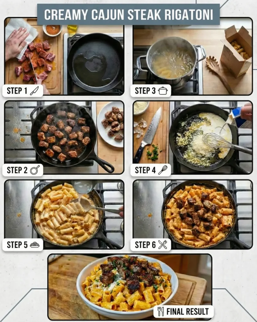 Step-by-step cooking sequence for Cajun steak rigatoni showing seared steak tips, creamy sauce preparation, and pasta mixing in a skillet
