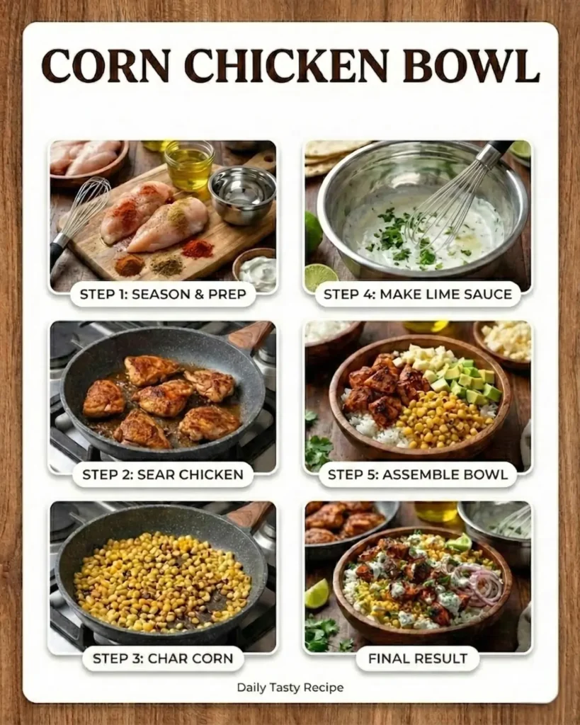 Step by step preparation collage for Corn Chicken Bowl dinner recipe
