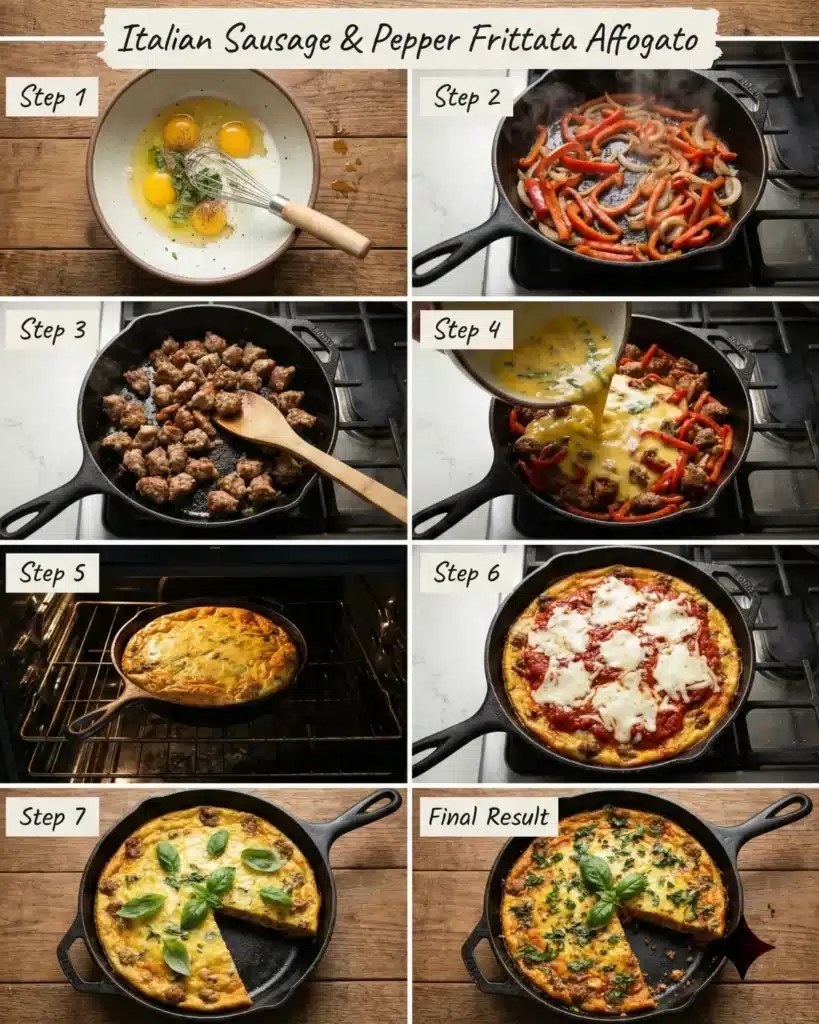 Step-by-step cooking process showing how to make a sausage and bell pepper skillet frittata in a cast-iron pan
