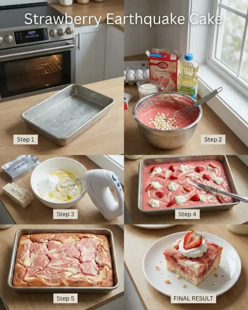 Step by step preparation of strawberry earthquake cake from mixing to final slice