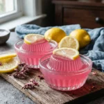 Pink gelatin molded in small cups topped with lemon slices near a window