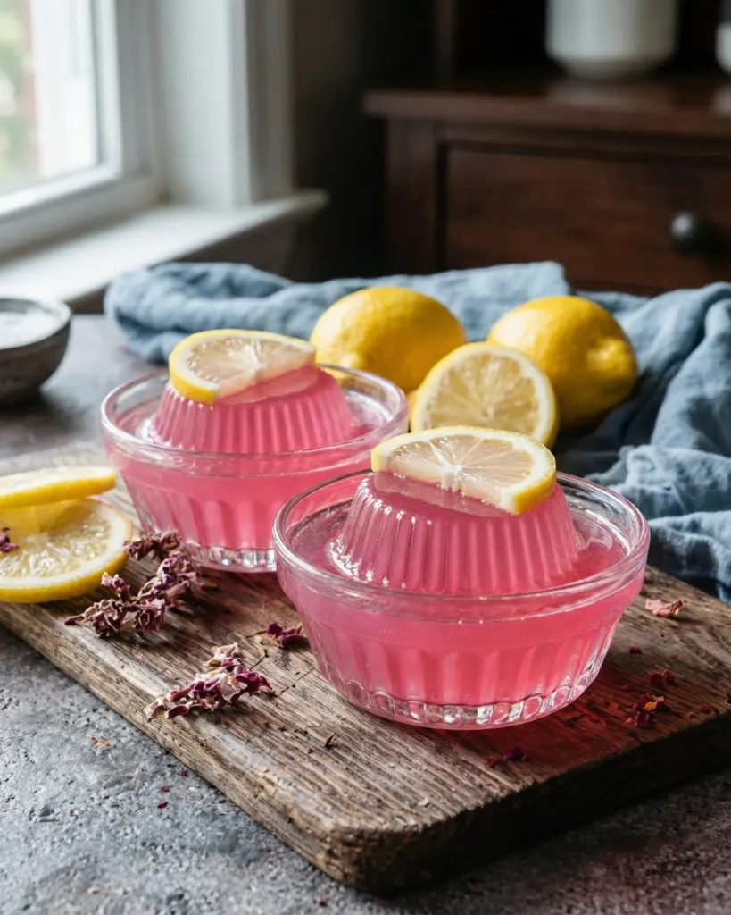Pink gelatin molded in small cups topped with lemon slices near a window