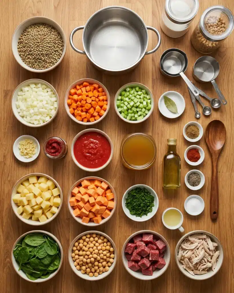 Organized ingredient flat lay with bowls of chopped vegetables, lentils, broth, spices, and kitchen tools on a wooden surface