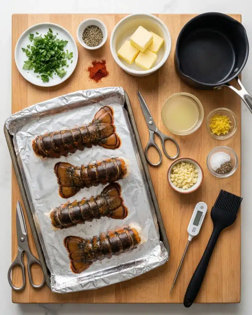 Ingredients and tools arranged on a wooden board including lobster tails butter garlic lemon and kitchen scissors