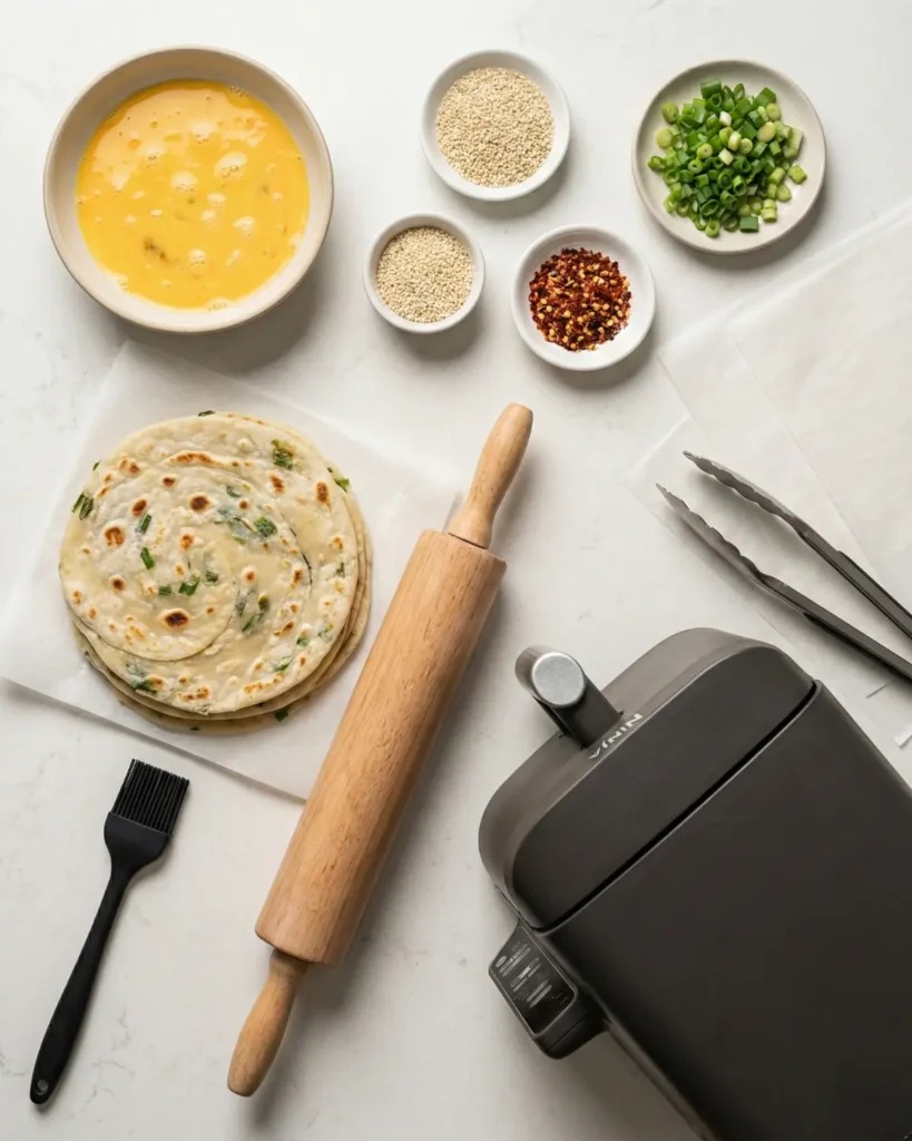 Flat lay of scallion pancake croissant ingredients with egg wash, sesame seeds, chopped scallions, and air fryer tools on a marble surface