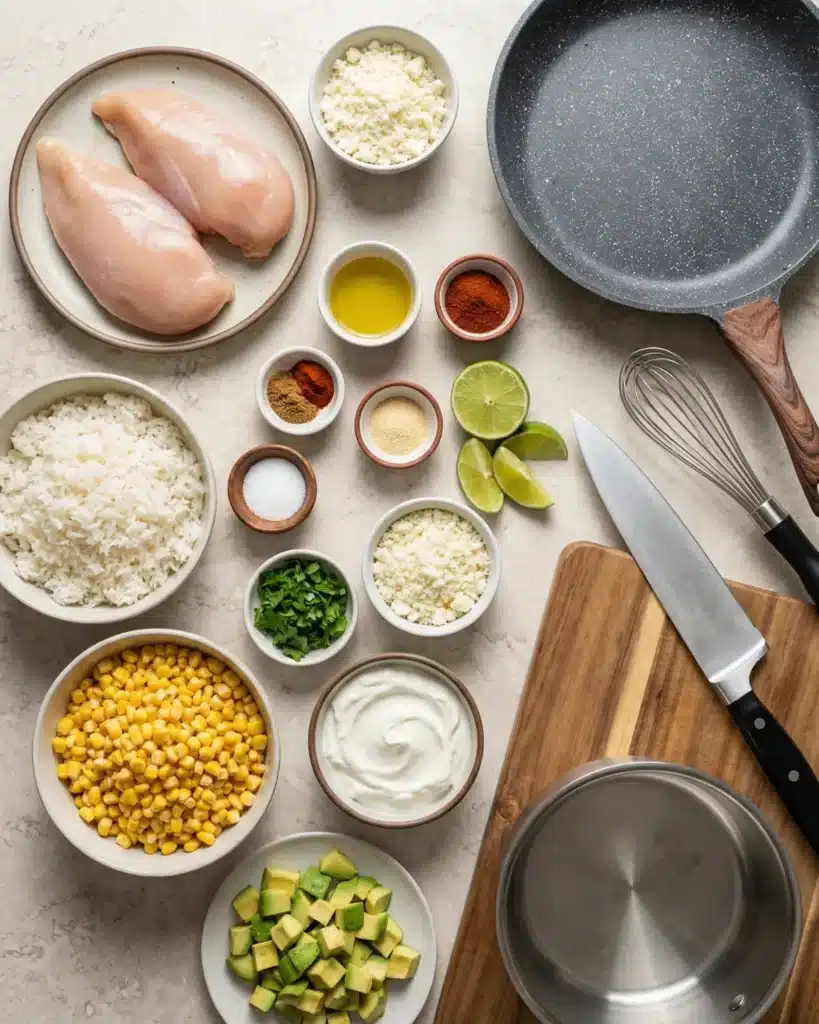 Fresh ingredients arranged for a homemade chicken and rice bowl recipe