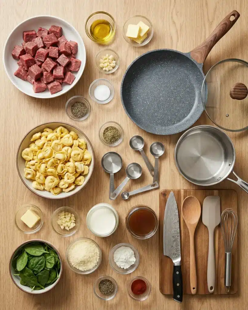 Ingredients arranged on wooden table including steak cubes, cheese tortellini, spinach, garlic, cream, and skillet