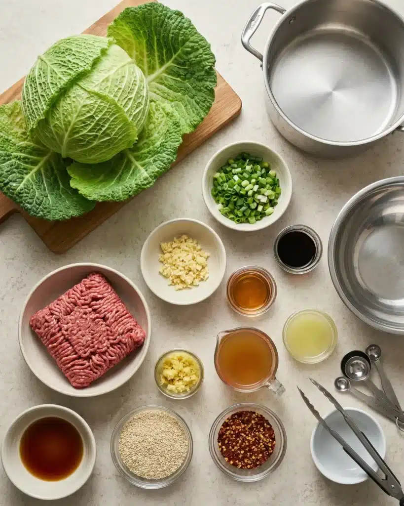 Fresh ingredients for cabbage dumplings including cabbage leaves, ground meat, garlic, ginger, and sauces
