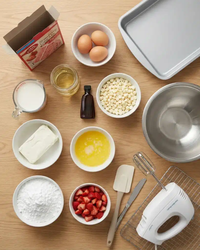 Ingredients for strawberry cake recipe arranged on wooden table