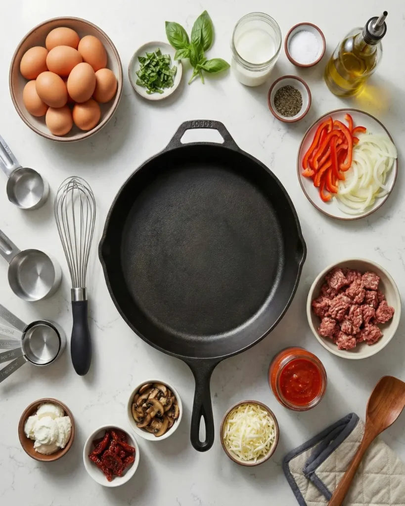 Flat-lay of frittata ingredients including eggs, basil, bell peppers, onions, Italian sausage, cheese, and a cast-iron skillet on a white countertop