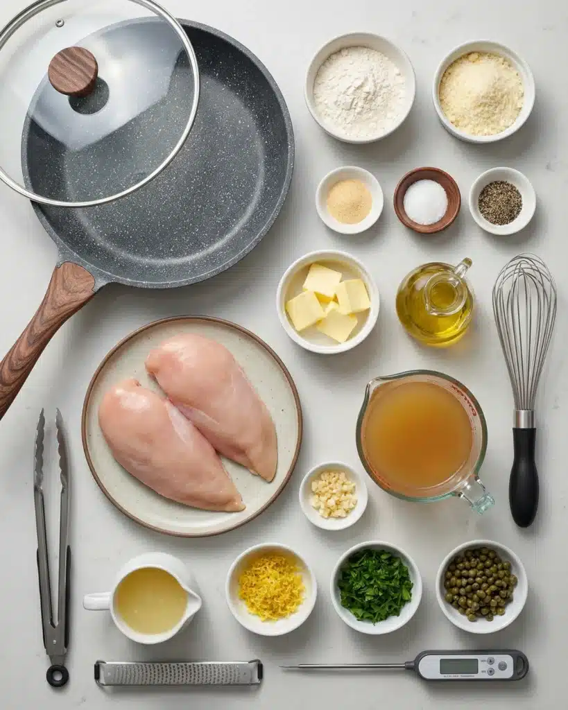 Ingredients for lemon chicken arranged neatly including chicken breasts, butter, flour, garlic, lemon, broth, and cooking tools