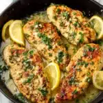 Lemon chicken breast served with rice and green beans on a white plate