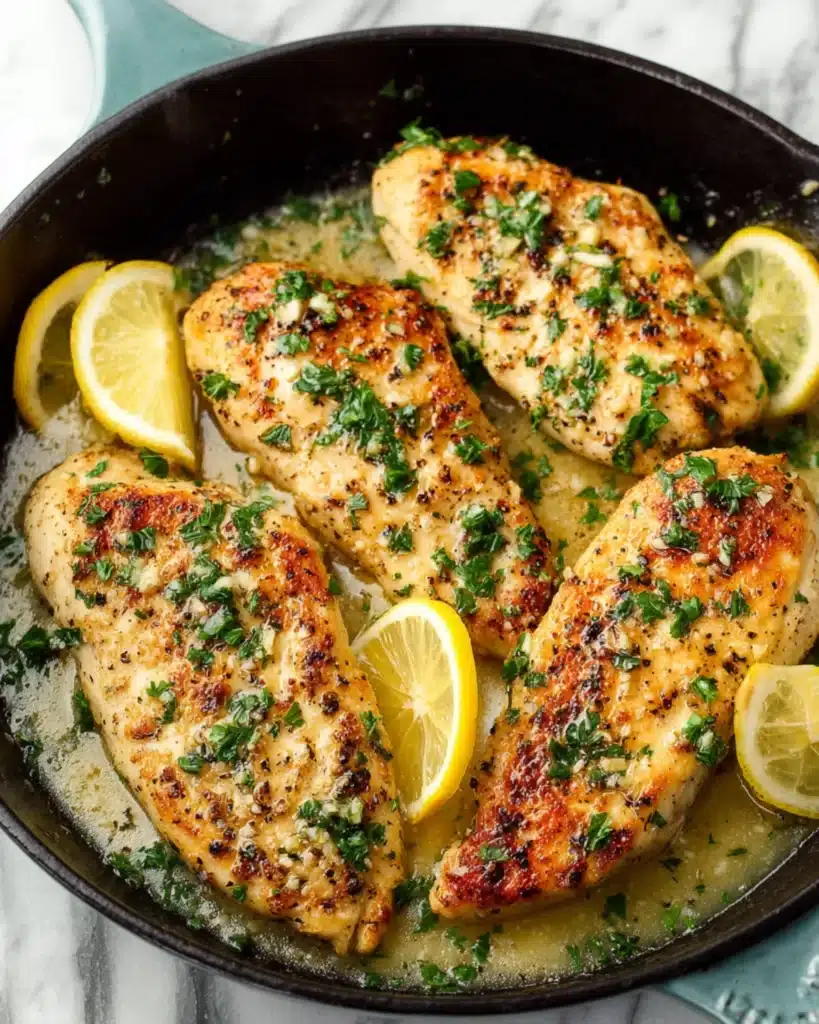 Lemon chicken breast served with rice and green beans on a white plate