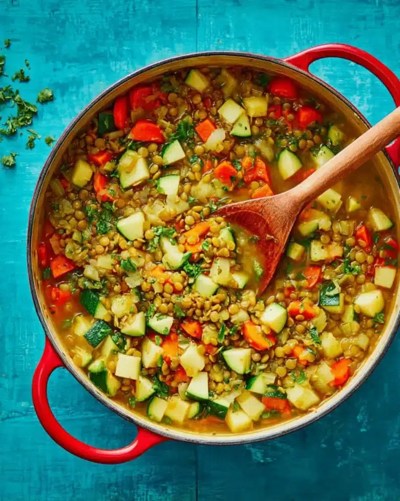 Top down view of a pot filled with lentils, diced vegetables, and herbs on a bright blue surface