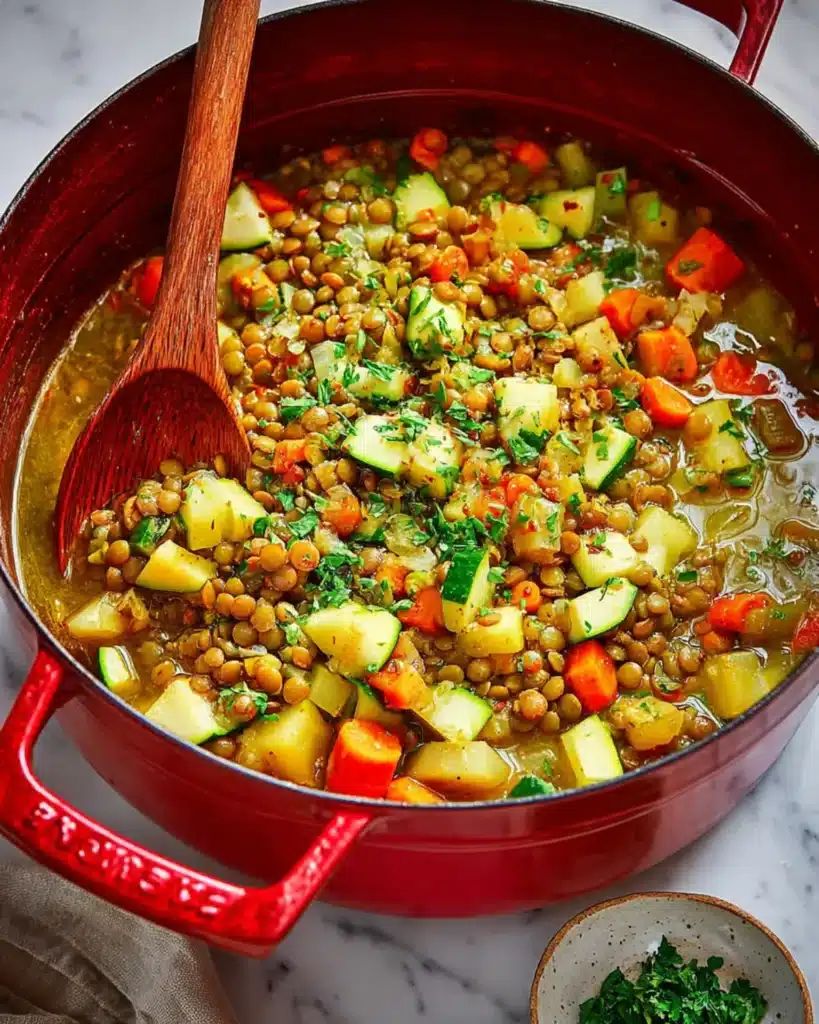 A red Dutch oven filled with lentils, zucchini, carrots, and potatoes, with a wooden spoon resting inside