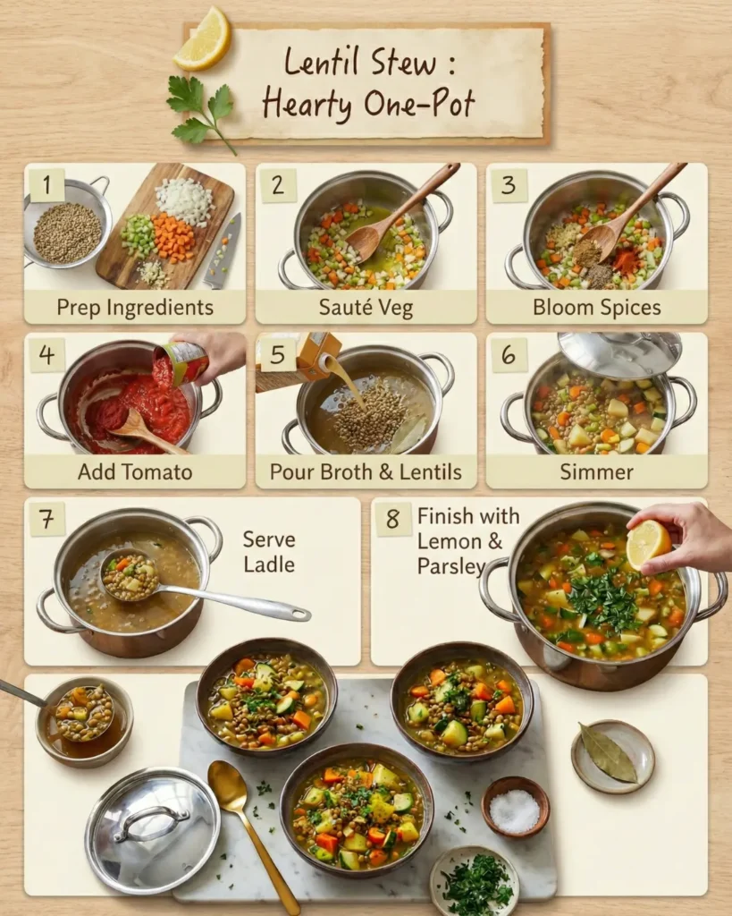 Step by step cooking collage showing prep, sauté, adding tomatoes, simmering, and finishing with lemon and herbs