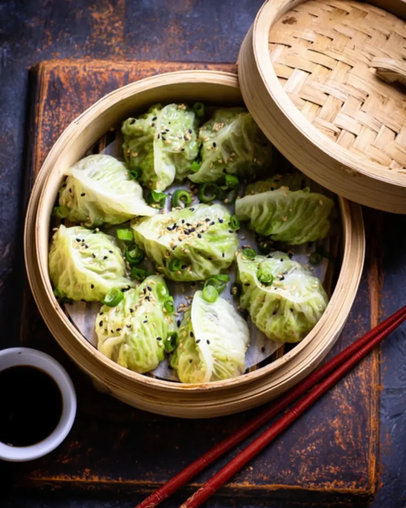 Hand holding cabbage dumpling with chopsticks above bamboo steamer