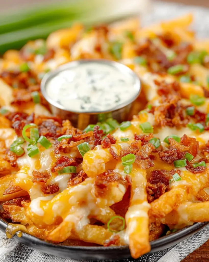 Loaded cheese fries topped with bacon pieces, scallions, and melted cheddar served with creamy dipping sauce