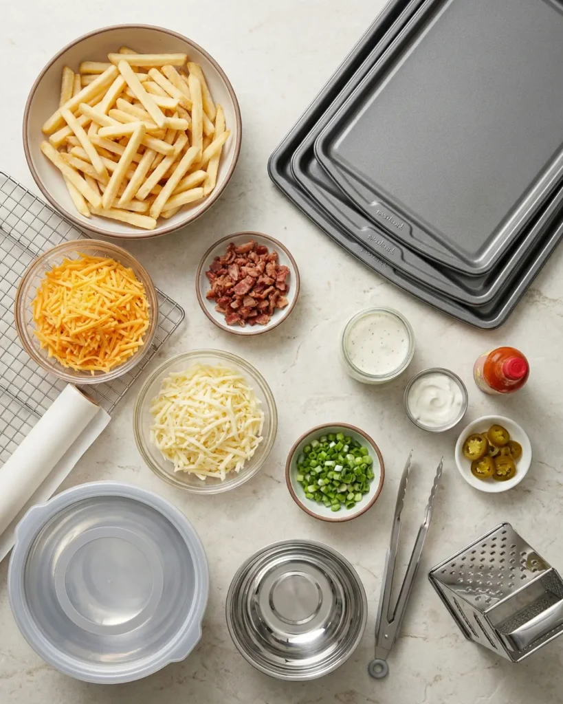 Flat lay of fries, shredded cheese, bacon, green onions, and baking trays arranged on a marble surface for making cheesy loaded fries