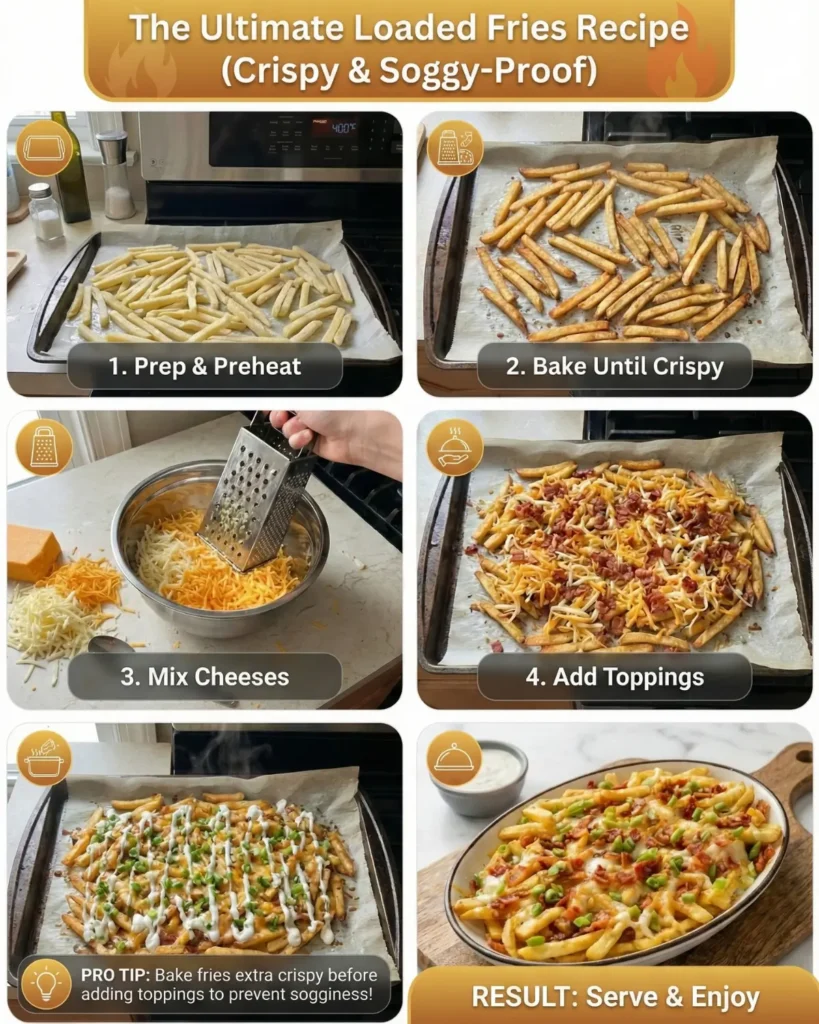 Step-by-step collage showing how to bake fries, mix cheese, and add toppings for the ultimate loaded fries recipe