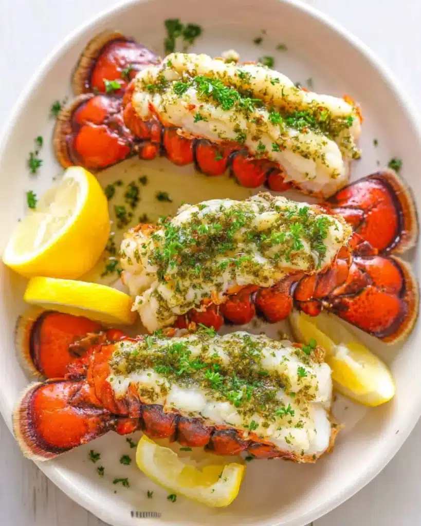 Butterflied lobster tails topped with garlic herb butter and fresh parsley served with lemon wedges