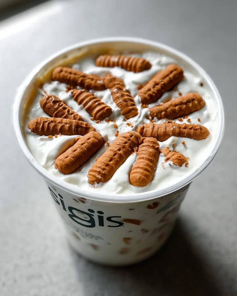 Top view of a Siggi&rsquo;s yogurt cup filled with creamy yogurt and whole Lotus Biscoff cookies in a neat circular pattern, perfect for a quick viral breakfast idea.