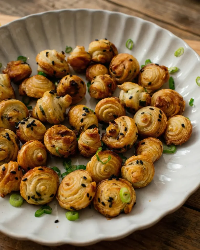 Plate of mini golden croissant bites with black sesame seeds and scallions on a rustic wooden table