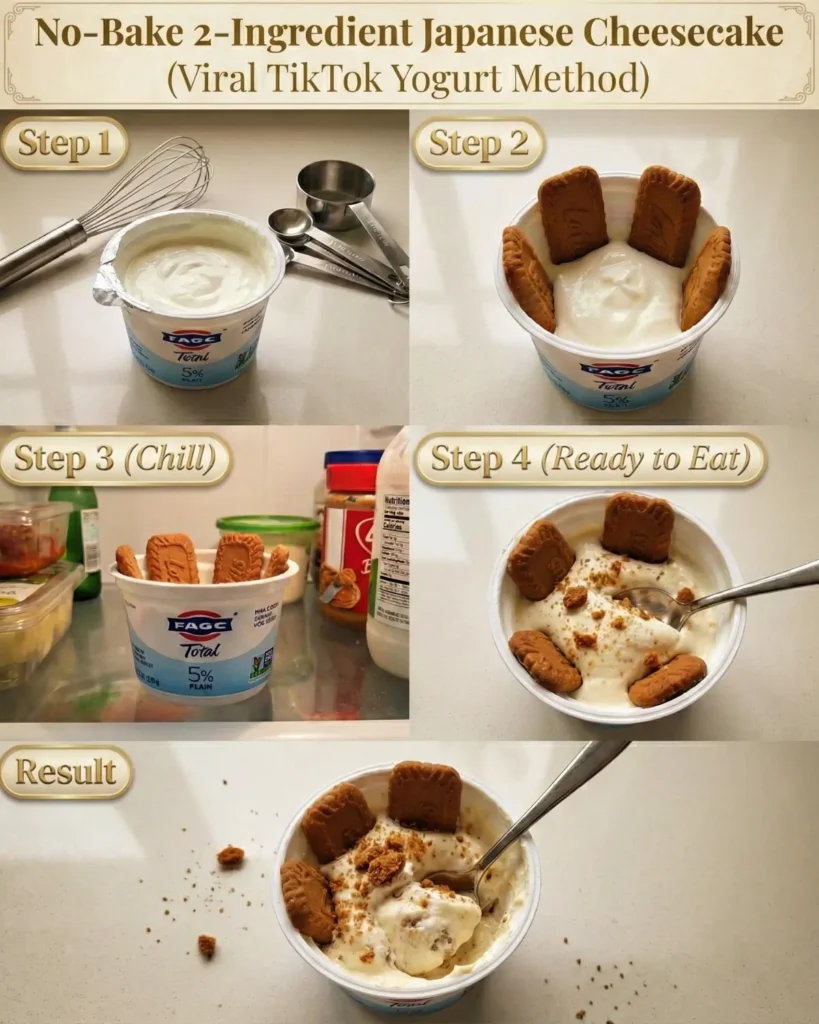 Fage Greek Yogurt cup with Biscoff cookies inserted vertically to make the viral no-bake 2 Ingredient Japanese Cheesecake, step-by-step TikTok method.