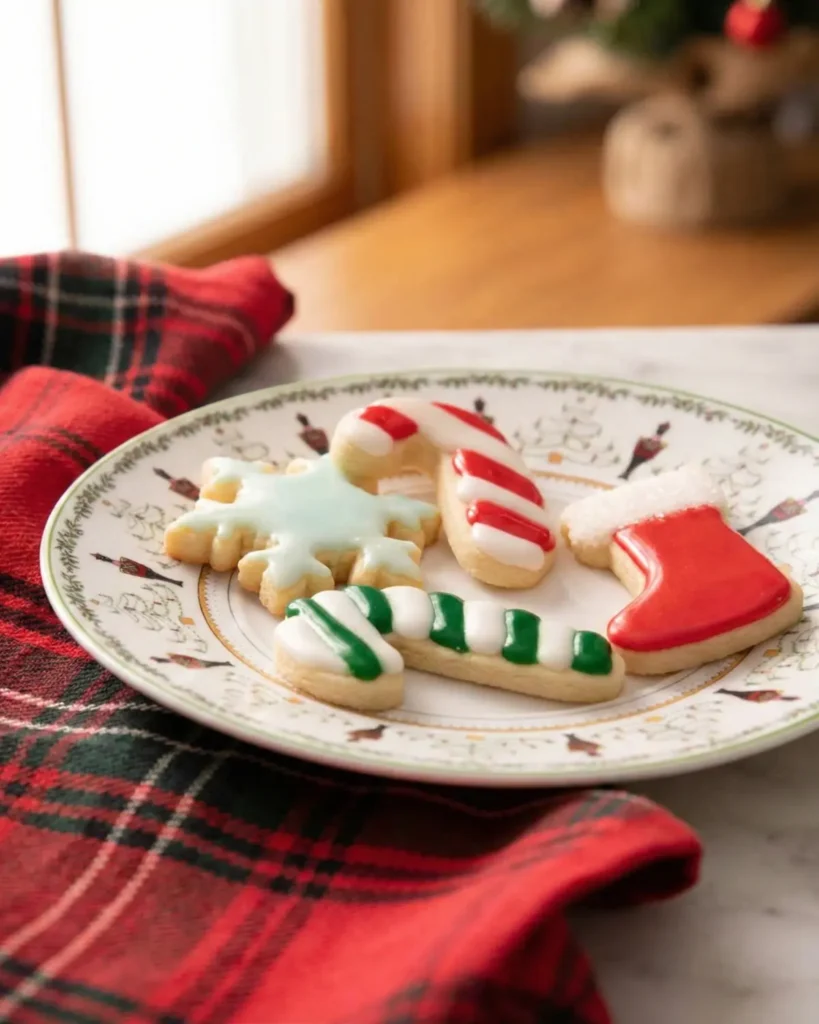 Christmas cookies with Sugar Cookie Icing displayed on a decorative nutcracker plate