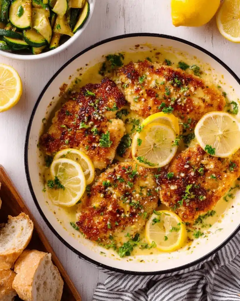 Golden lemon chicken cooked in a skillet with butter sauce, fresh herbs, and sliced lemons