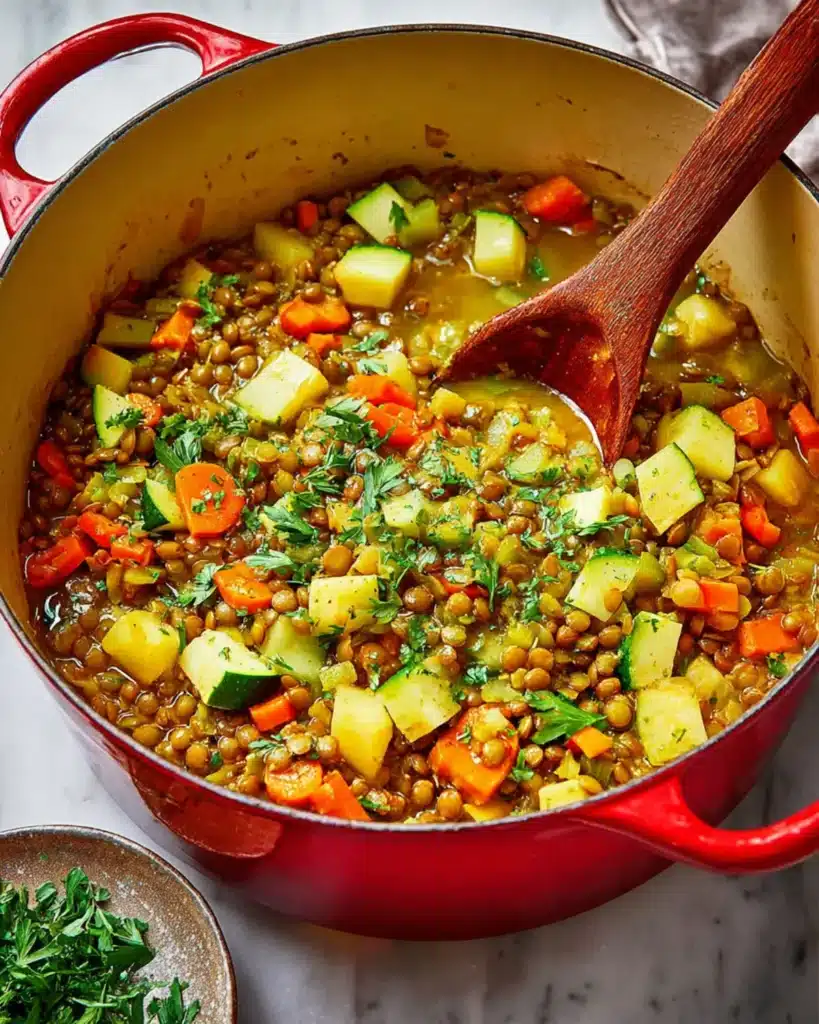 A rustic vegetable stew in a red pot with chopped parsley scattered on top