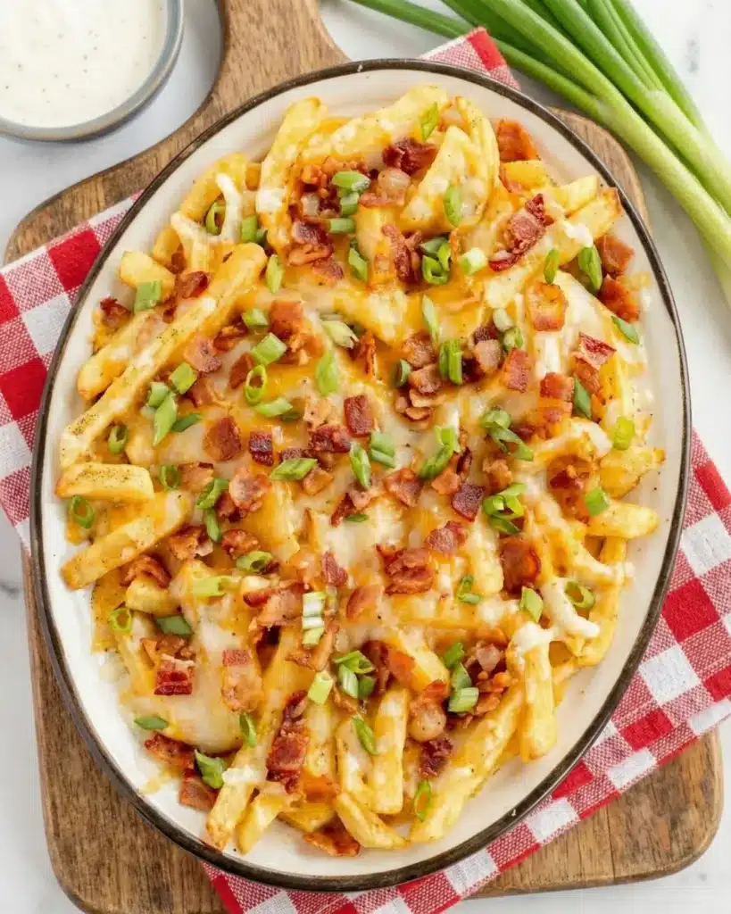 Oven-baked fries topped with melted cheese, crispy bacon pieces, and chopped green onions served in a white dish on a red checkered cloth